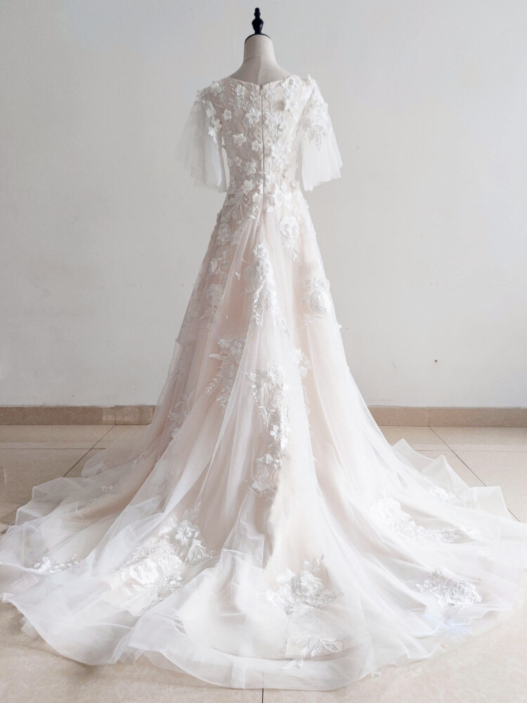 short fairy wedding dress Glitter Lace 3D Flowers Mini Short Wedding Dress V-Neck Appliques Shiny Bridal Gown, Ivory / Floor Length