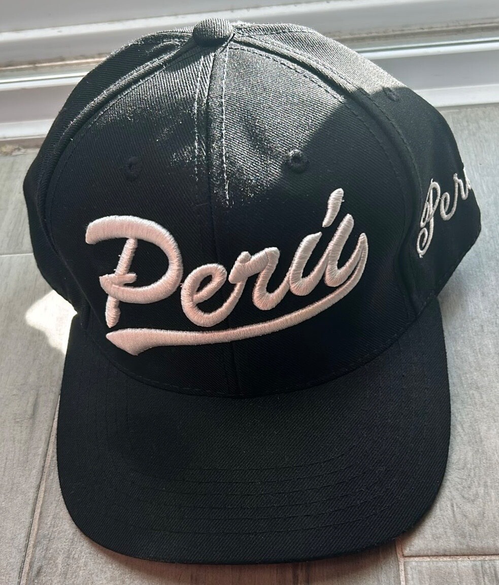 Peru Black with White Logo Baseball Cap Embroidered Cotton Adjustable Hat NWOT