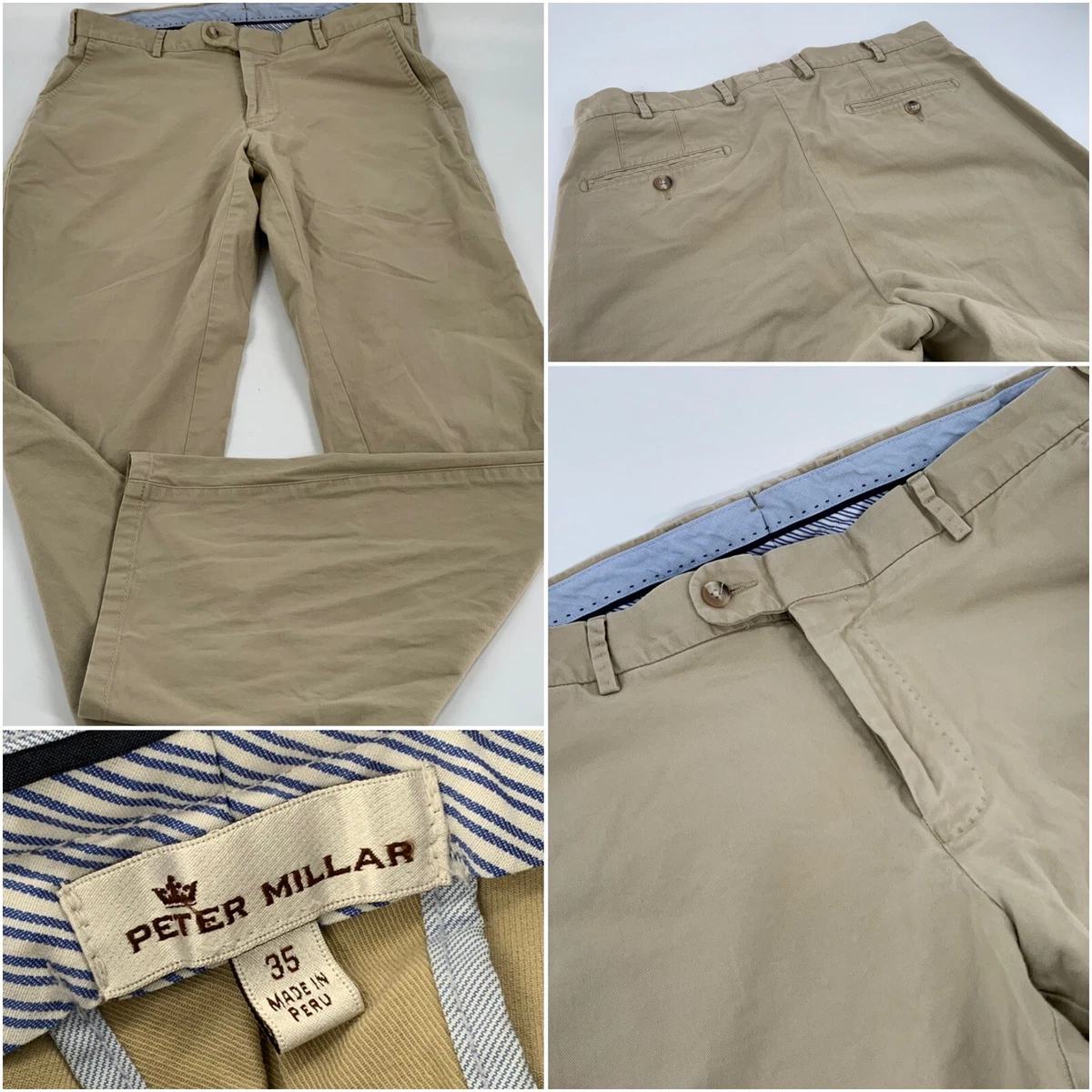 Peter Millar Pants 35x31 Tan 100% Cotton Flat Front Made Peru YGI K2-215