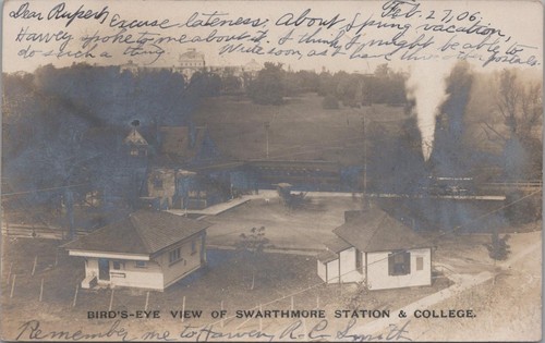 RPPC Postcard Bird's Eye View Swarthmore Railroad Station & College PA