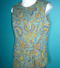 Vtg 60s Franklin Simon BLue Gold Aqua Paisley Top  Skirt Set Sz S