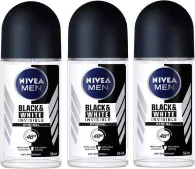 3 x  Nivea for Men Invisible for Black & White 48 Hours Deodorant Roll on 50 Ml