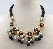 Ann Taylor Beaded Charm Statement Necklace Orange Black Gold Tone Boho 16"