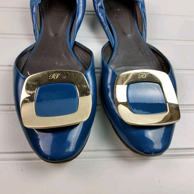 Roger Vivier Women's Patent Leather D'Orsay Flat Shoes Blue Size