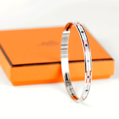 HERMES BRACELET 65 Narrow Palladium-Plated Enamel Bangle Geometric Pattern - Picture 2 of 4