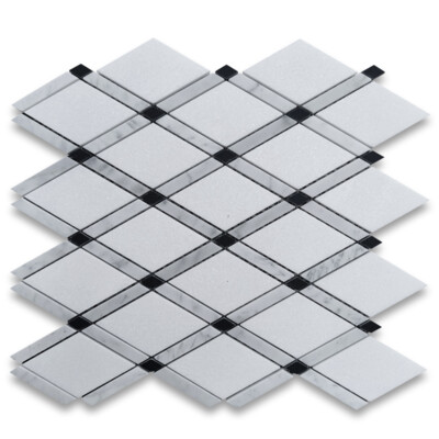 T881XH Thassos White Marble Diamond Lattice Mosaic Tile White Marquina Black