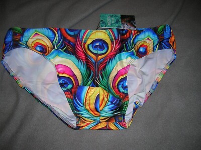 MIZOK - SPEEDO STYLE MEN'S SWIM BRIEF - ''PEACOCK'' PATTERN - SIZE 38 - NWT!!
