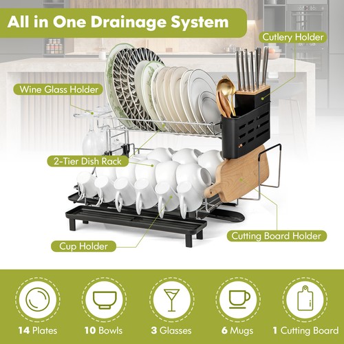2-Tier Dish Drying Rack w/2 Water Collecting Trays&360°Swivel Spout Silver Black - Picture 5 of 11