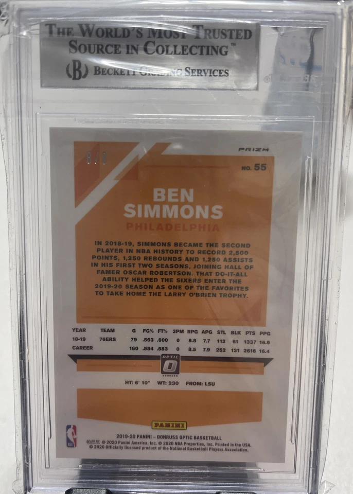 BEN SIMMONS 2019 Donruss Optic Choice 55 Black Gold Prizm 8/8 1/1 BGS 8.5 - Image 2 of 3
