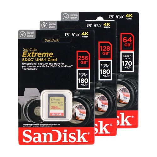 SanDisk Extreme SDXC UHS-I Card C10 U3 V30 4K UHD SD Card 180MB/s - 256GB - Picture 2 of 2