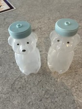 Qty 2 Plastic Squeeze Honey Bear Bottles Drinking Straws Blue Cups