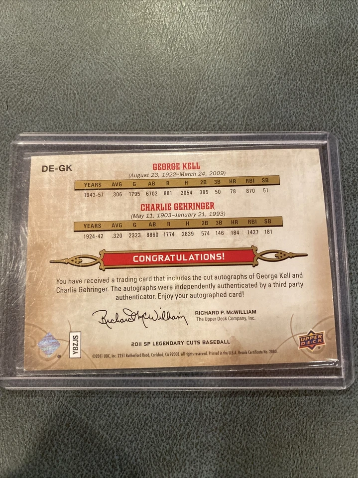 2011 SP Legendary Cuts Baseball Dual Auto Kell/Gehringer #13/15 - Image 2 of 2
