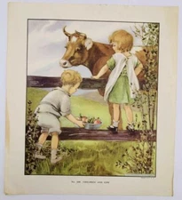 Vintage Bess Bruce Cleaveland Art Print Lithograph No A68 CHILDREN AND COW