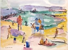 1970 LISTED AMERICAN JOE KARDONNE SIGNED ORIG WATERCOLOR "BEACH ACTION" SEASCAPE