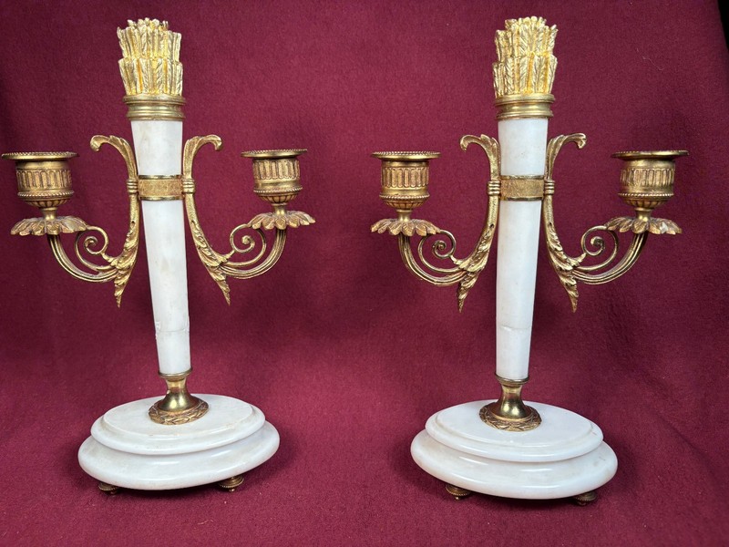 Louis XVI White Marble & Gilt Bronze Pr. CANDLEHOLDERS 19th C FInely Chiseled !!