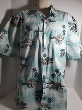 Island Shores Palm Tree Island Beach Hawaiian Shirt Size XL Sky Blue Clouds