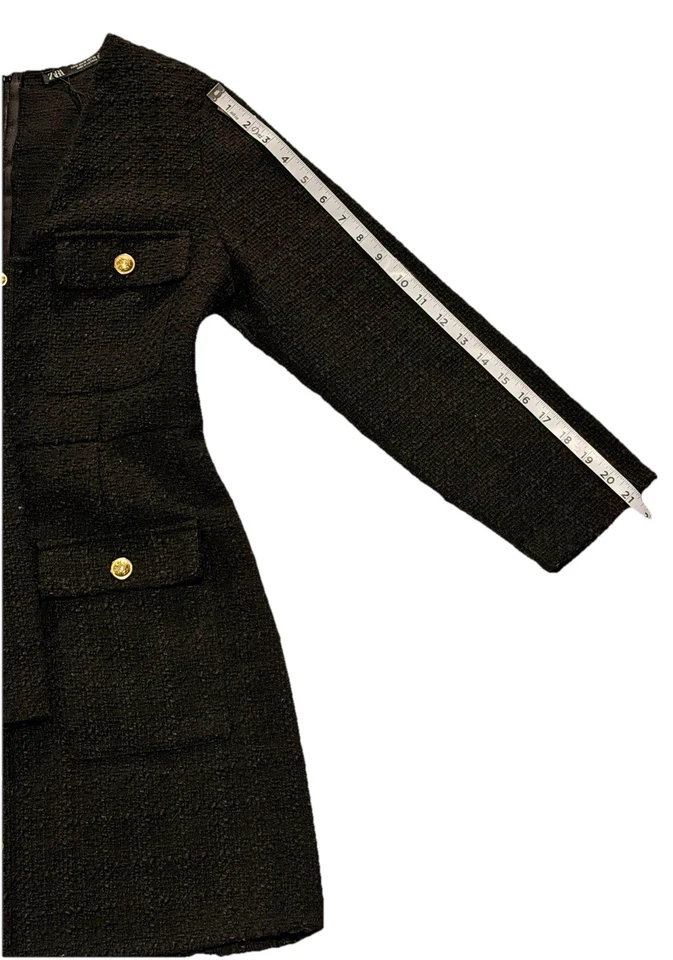Blazer Chaqueta de Vestido Zara Negro Tweed Manga Larga Botón Dorado Mini Chic Foto 3 de 4