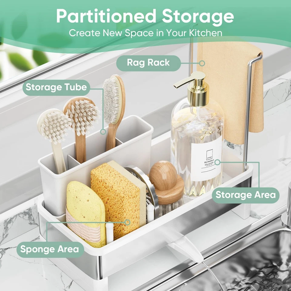 Soporte de esponja para fregadero de cocina, organizador de carrito de fregadero con soporte para cepillo, oxidado... Foto 2 de 4