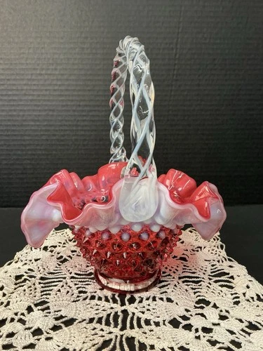 Fenton Cranberry Hobnail Bridal Basket, Opalescent 8" Tall
