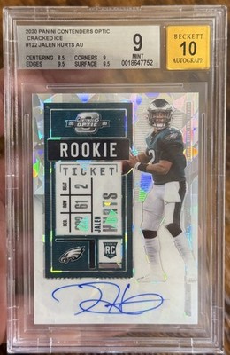 (JRSY #!!!) 2020 Contenders Optic Jalen Hurts Rookie Auto Cracked Ice 2/22 BGS 9