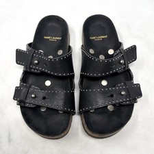 Saint Laurent Paris YSL Jimmy Studded Leather Strap Flat Slide Sandals Black 36