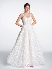 Romantic White 3D Floral Lace V-Neck Flowy A-Line Wedding Dress