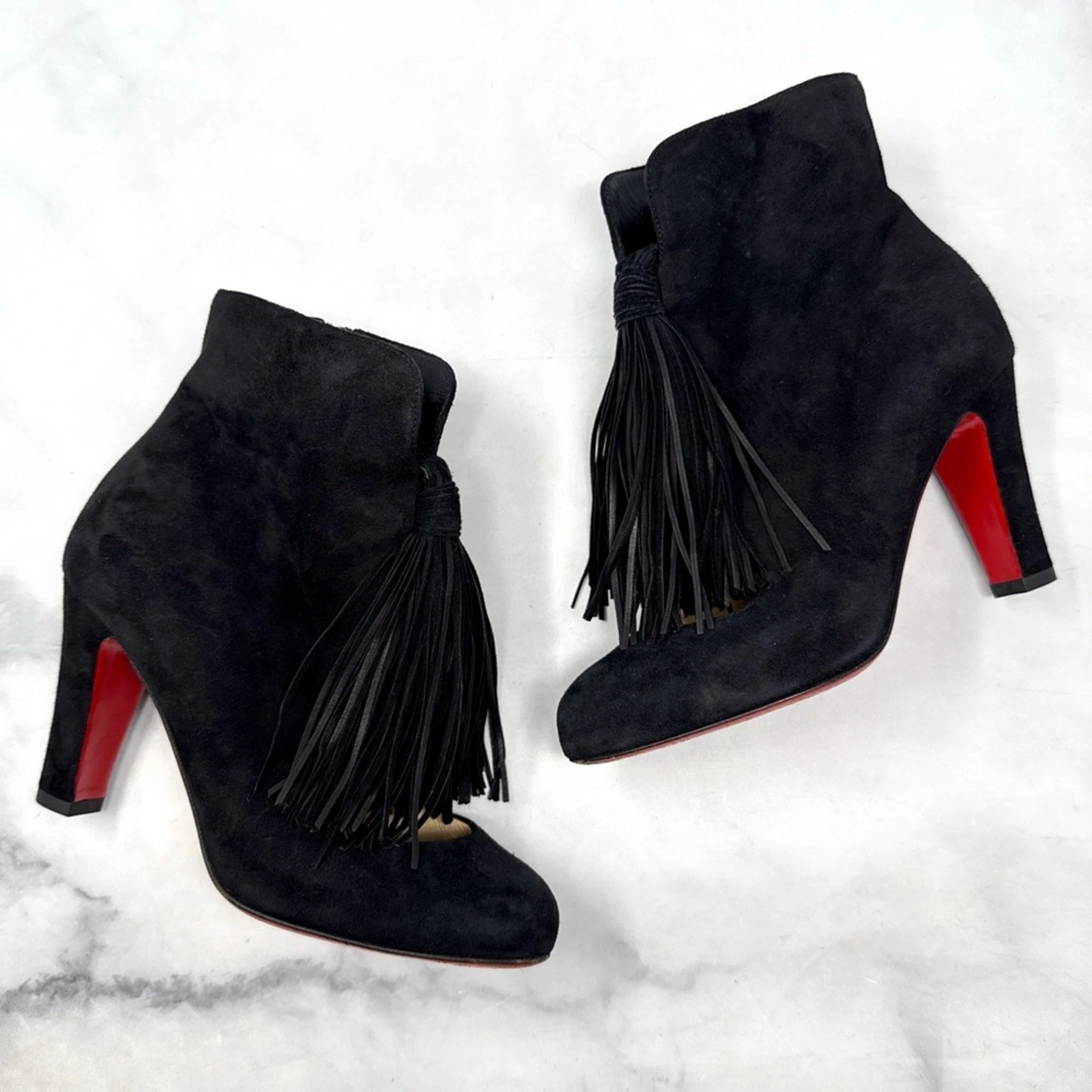 Christian Louboutin — Christian Louboutin Christina 85 Tassel Suede Block Heel Ankle Boots Black 35