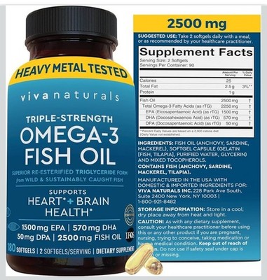 Vivanaturals Omega 3 Fish Oil Supplement 2500 mg Fish Oil 180 Softgels | Unisex