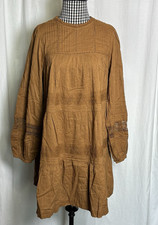 Old Navy Dress Womens M Camel Peasant Boho Pintuck Cottagecore Prairie Swiss Dot