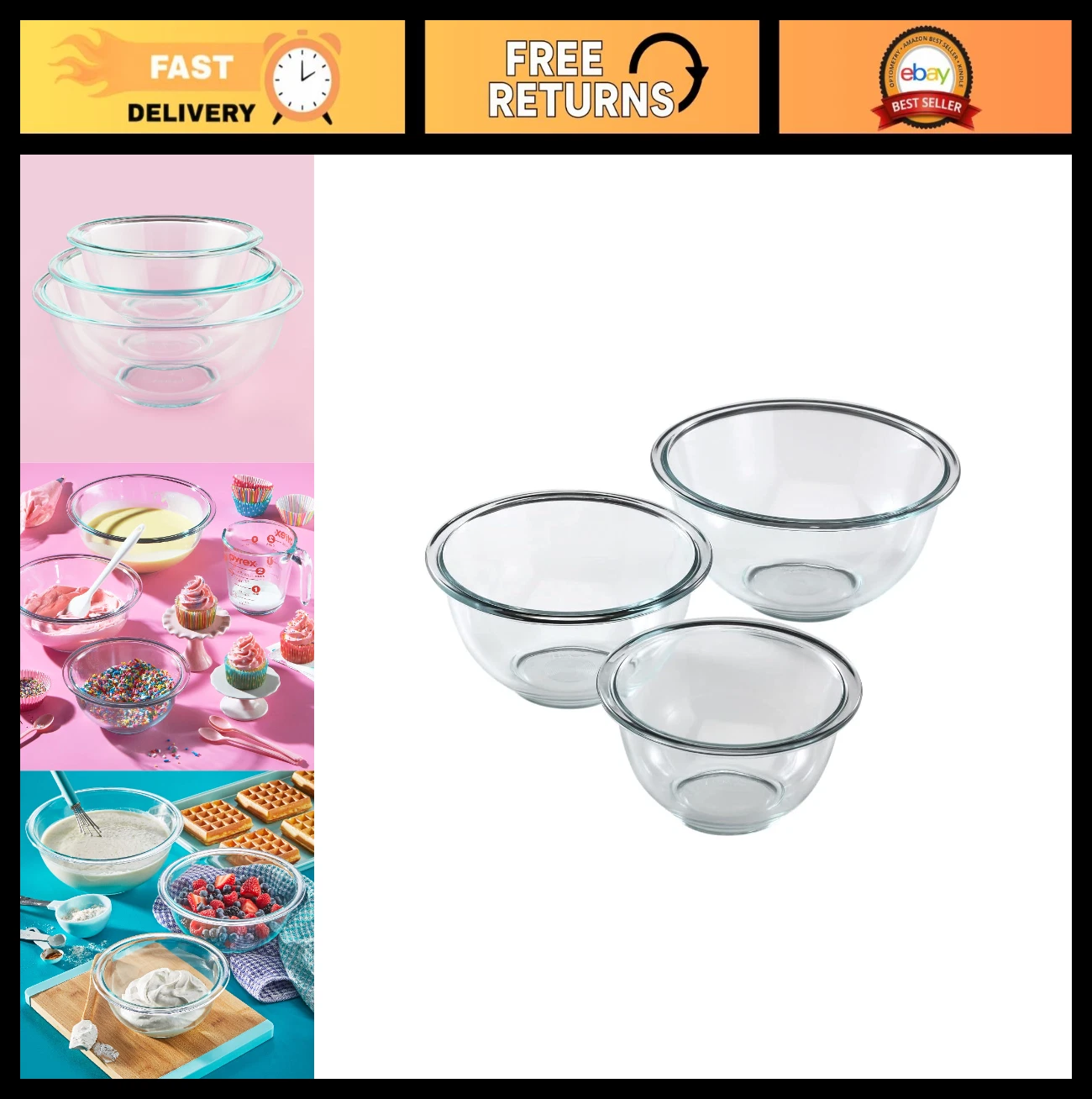 3-Piece Glass Mixing Bowls Set - Oven, Dishwasher, Freezer & Microwave Safe for