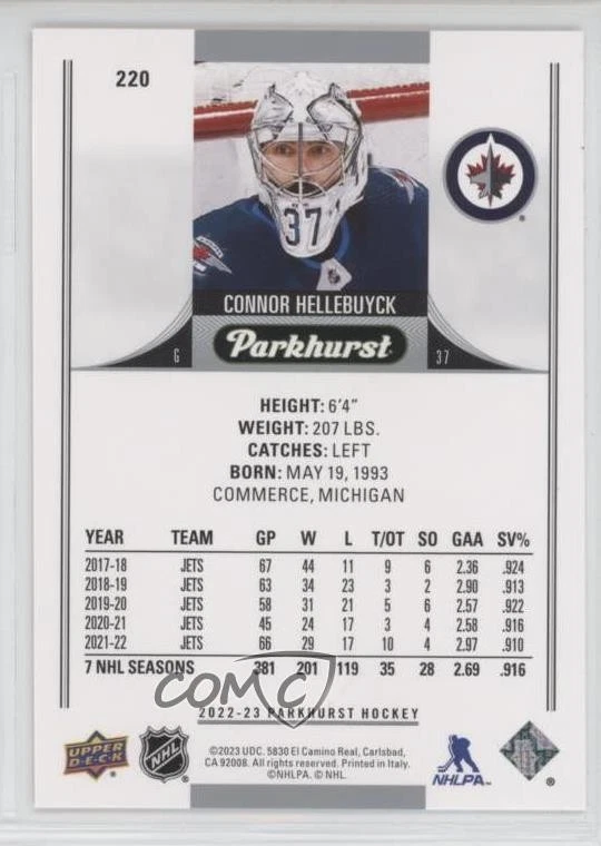 2022-23 Upper Deck Parkhurst Gold Foil Connor Hellebuyck #220 - Image 2 of 2