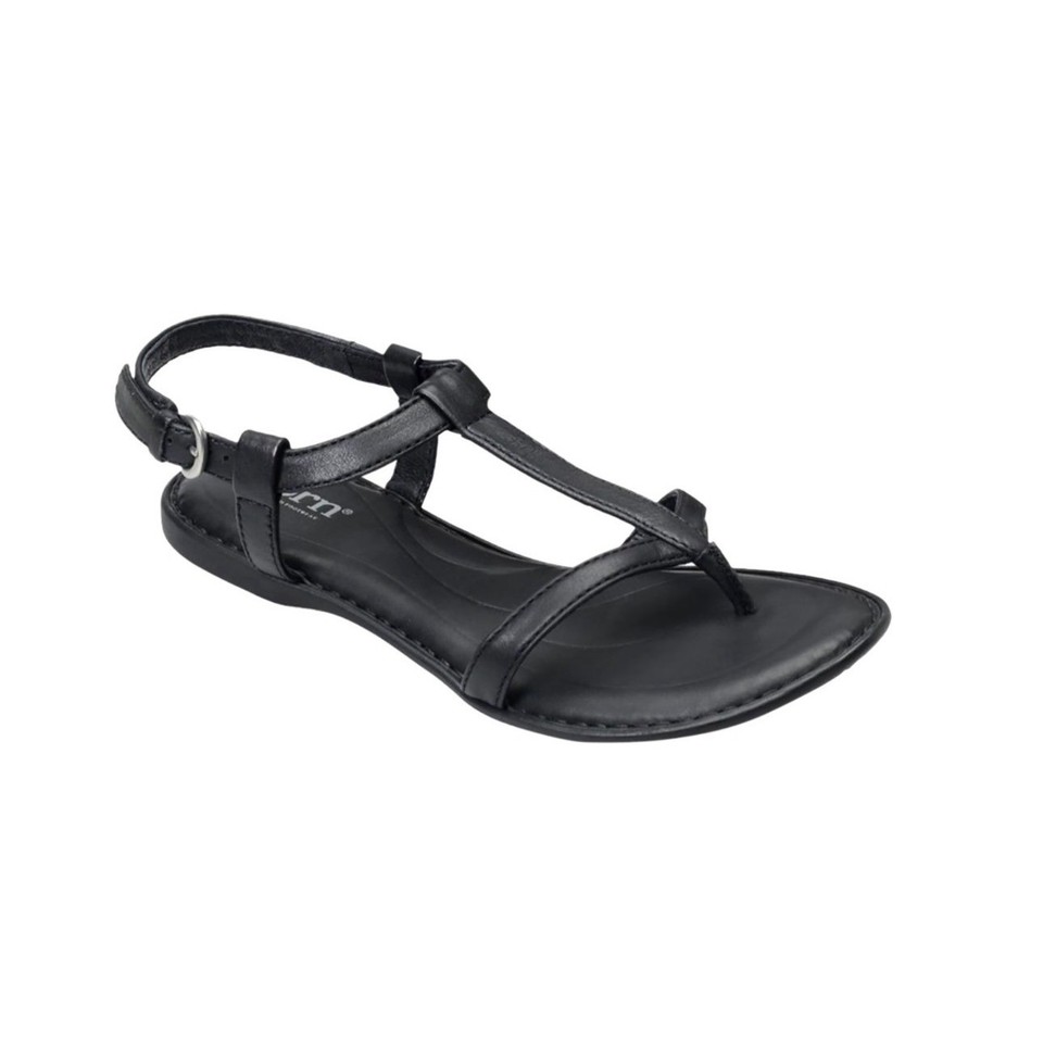 Born Idina Sandals Women Size 9 Black Leather T-Strap Thong Flat D92509