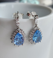 925 Sterling Silver 6x9.4mm Pear Aquamarine Sapphire 3/4'' Earrings Gemstone