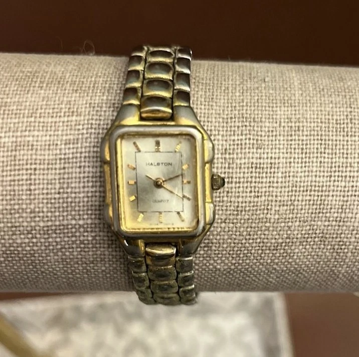 Halston Gold Tone Textured Watch Band with Square and Champagne