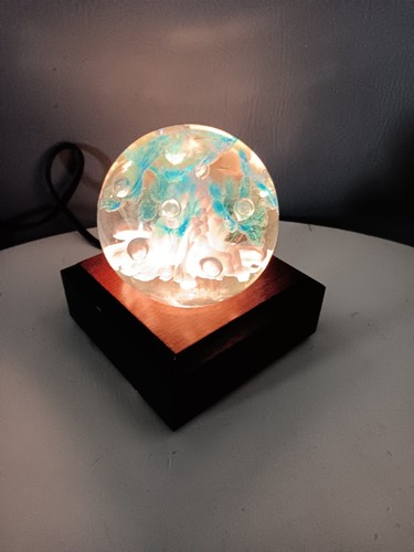 VTG Joe Rice Art Glass Paperweight W/ Wood Lighted Stand Blue White Flowers 1998 - Picture 2 of 18