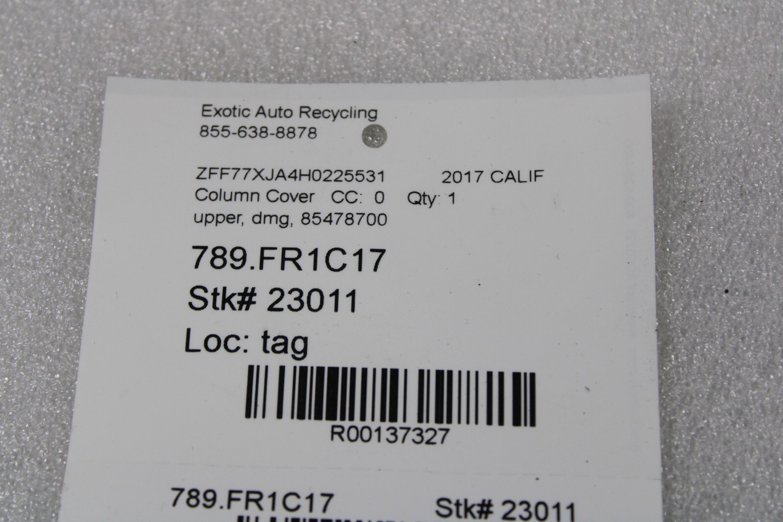 Ferrari California T, 488, Upper Column Cover, Black, Dmg, Used, P/N 85478700