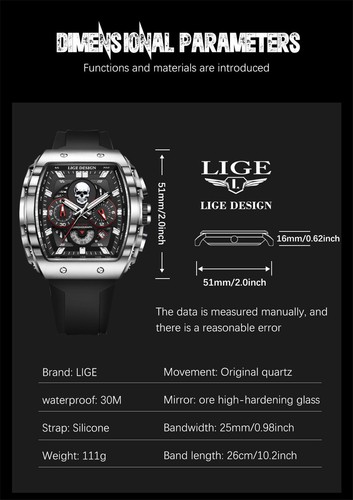 LIGE Herren Sport Quarzuhr mit Silikonband Totenkopf Leuchtdatum Armbanduhren - Bild 9 von 28
