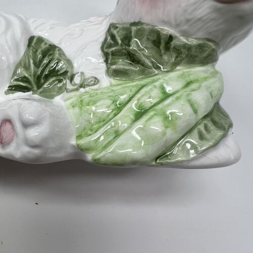 Vtg Ceramic White Bunny Rabbit Planter With Peas Easter Decor Pink Ears Small - Picture 12 of 15