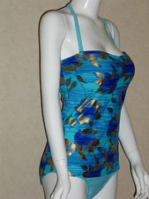Ladies Blue Gold Tummy Control Swimsuit Padded Cup Swimming Costume UK 14