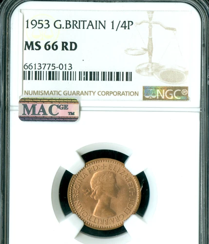 1953 GREAT BRITAIN FARTHING NGC MS66 RED ONLY 1 FINER MAC SPOTLESS RARE *