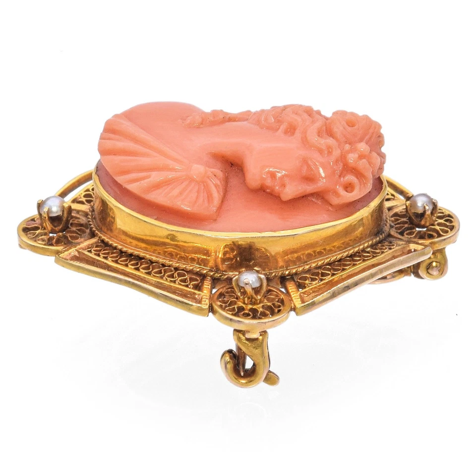 Antiguo broche camafeo colgante oro amarillo 10K coral rojo y perlas Foto 3 de 4