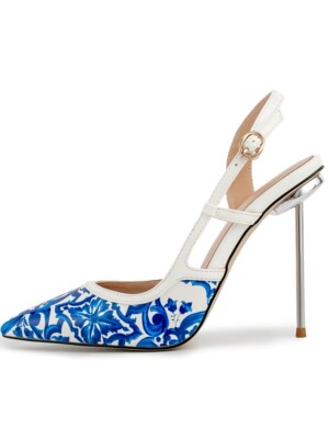 Women 2024 Fashion Floral Pointy Toe Slingback High Heel White Sandal Shoes SUNS