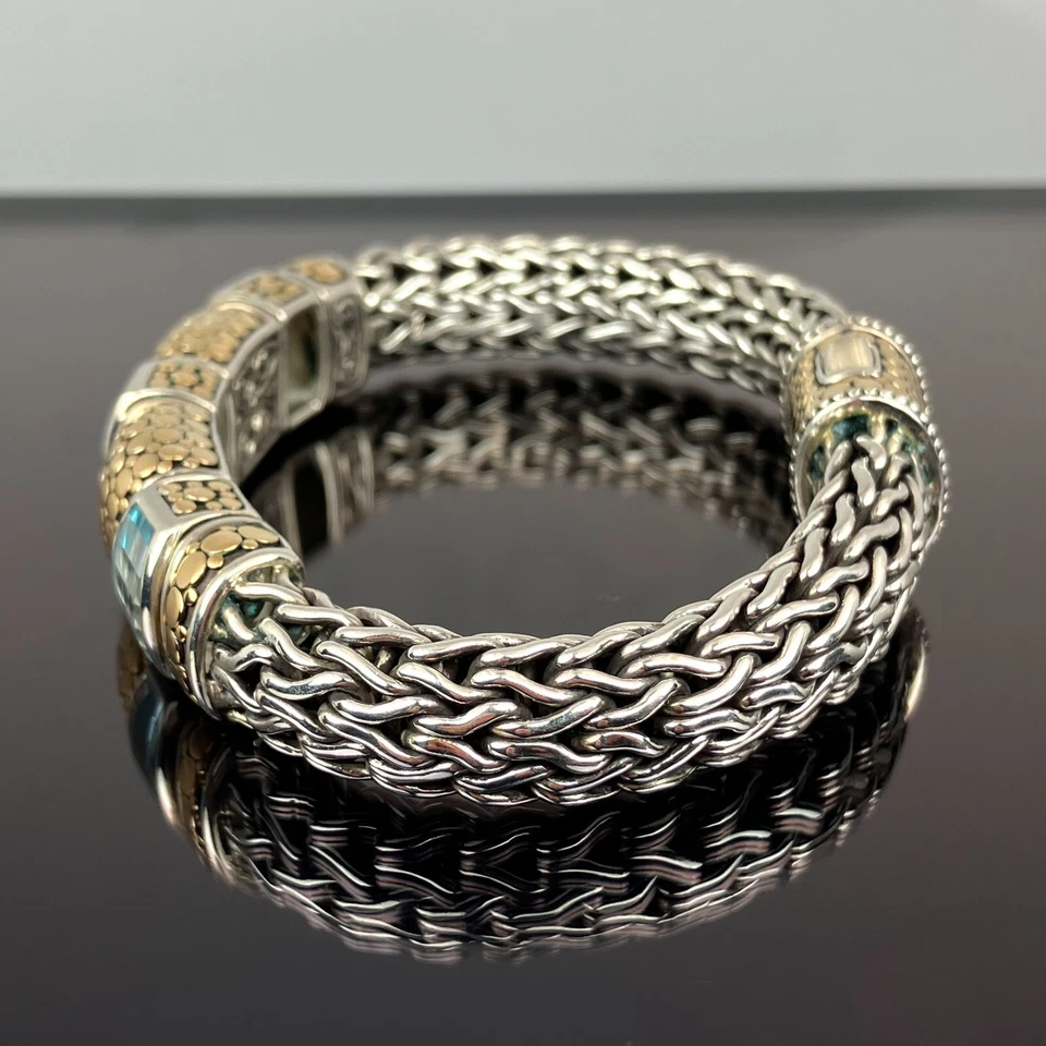 Brazalete trenzado John Hardy Dots de plata de ley 925 y oro amarillo de 18 quilates con topacio Foto 2 de 4