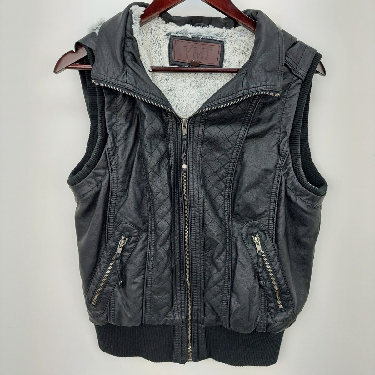 Women's YMI Black Size (L) Faux Leather, Fur Lined Zip Up Vest w