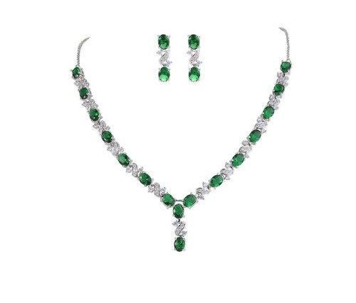White gold finish oval emerald and created diamonds Necklace and earrings set - Picture 2 of 4