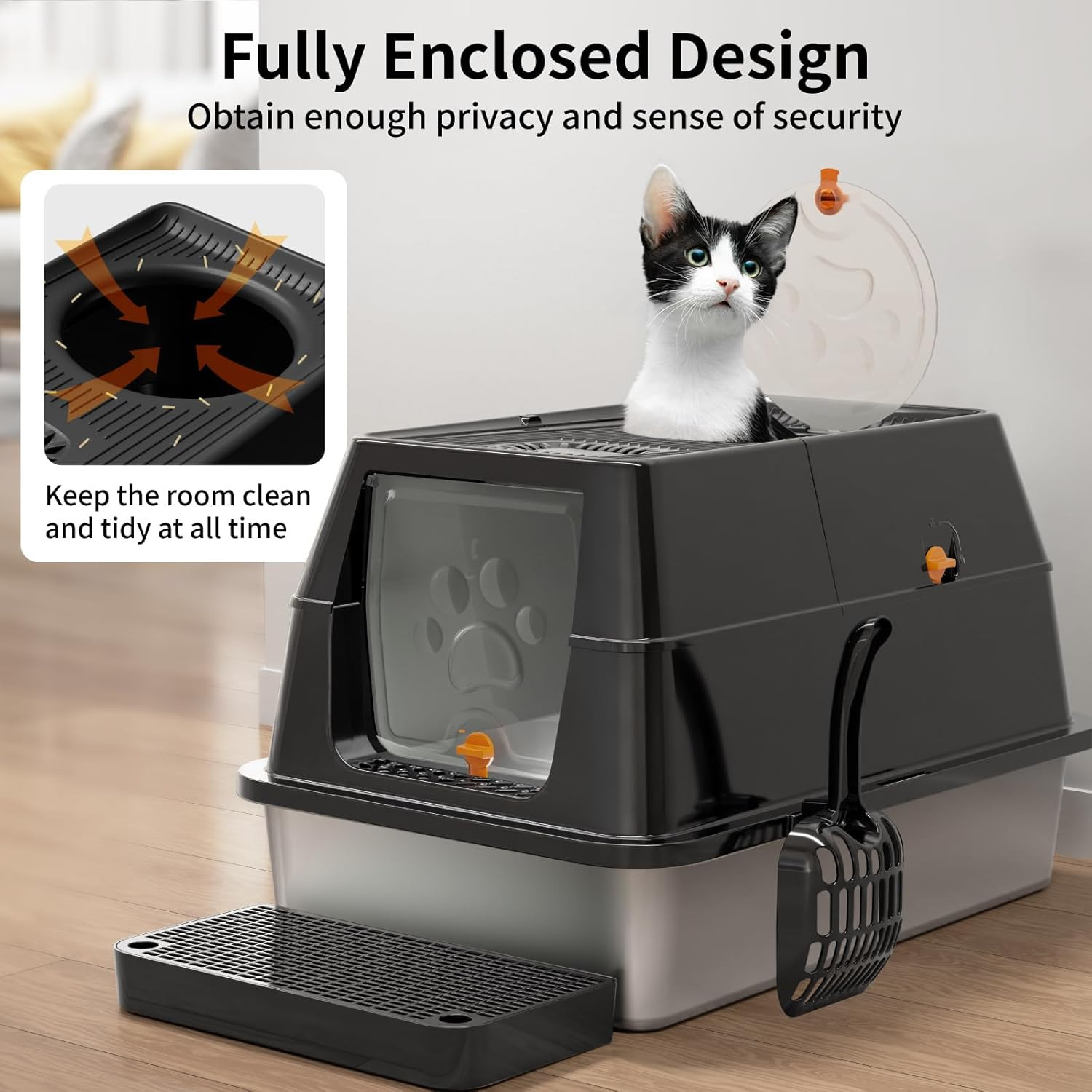 XL Stainless Steel Cat Litter Box with Lid, Easy Clean & Odor Control