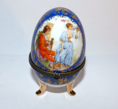 Limoges Ei Prunk Pillen Schmuck Dose Blumen Gold Blau Galanterie 10cm 698/258