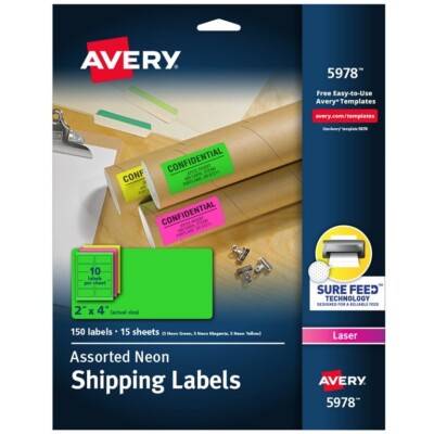 (NEW) Avery 5978, Neon Shipping Labels, Assorted, 2''x4'', 150 Ct., Laser (SEALED)