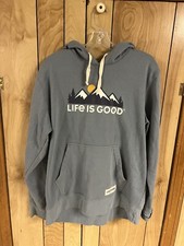 Life is Good Women Blue Hoodie with Mountain Scene Pocket Sweatshirt Size M