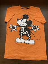 Disney Glow in Dark Orange Mickey Mouse Skeleton Halloween T-Shirt Kids L